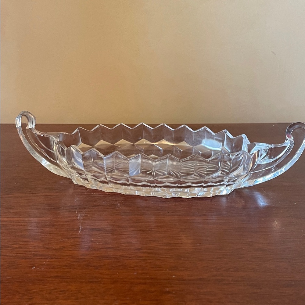 Clear Faceted Glass Serving Tray with Curled Handles